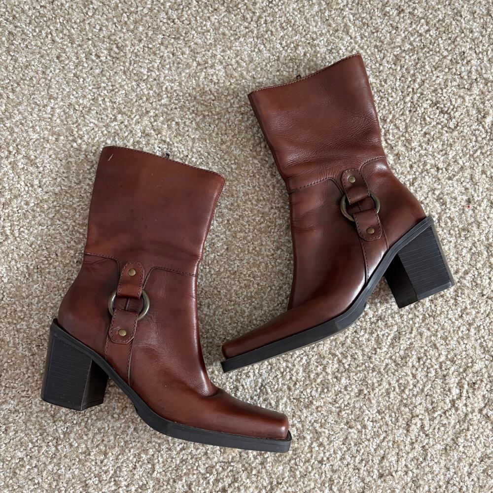Y2K Vintage Chocolate Brown Harness Buckle Leather Block Heel Boots MIA Size W7